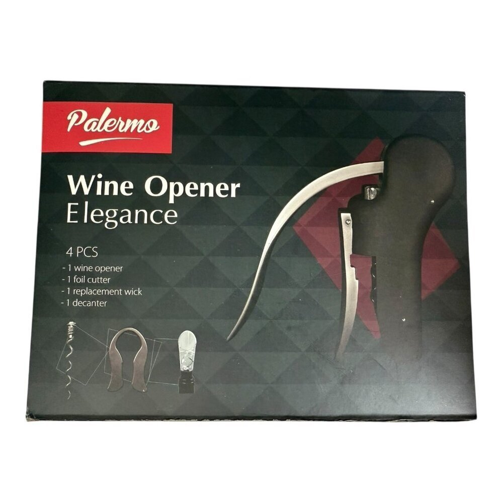 Palermo Wine Opener Elegance 4 Piece Set Opener Cutter Wick Decanter~P21 02